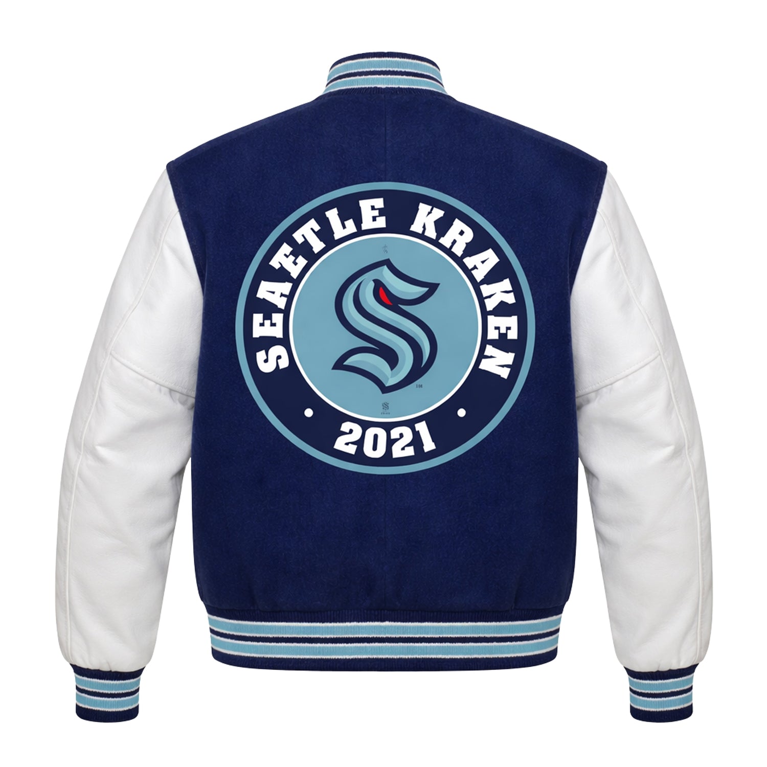 NHL Women's Seattle Kraken Blue and White Varsity Jacket (Back)