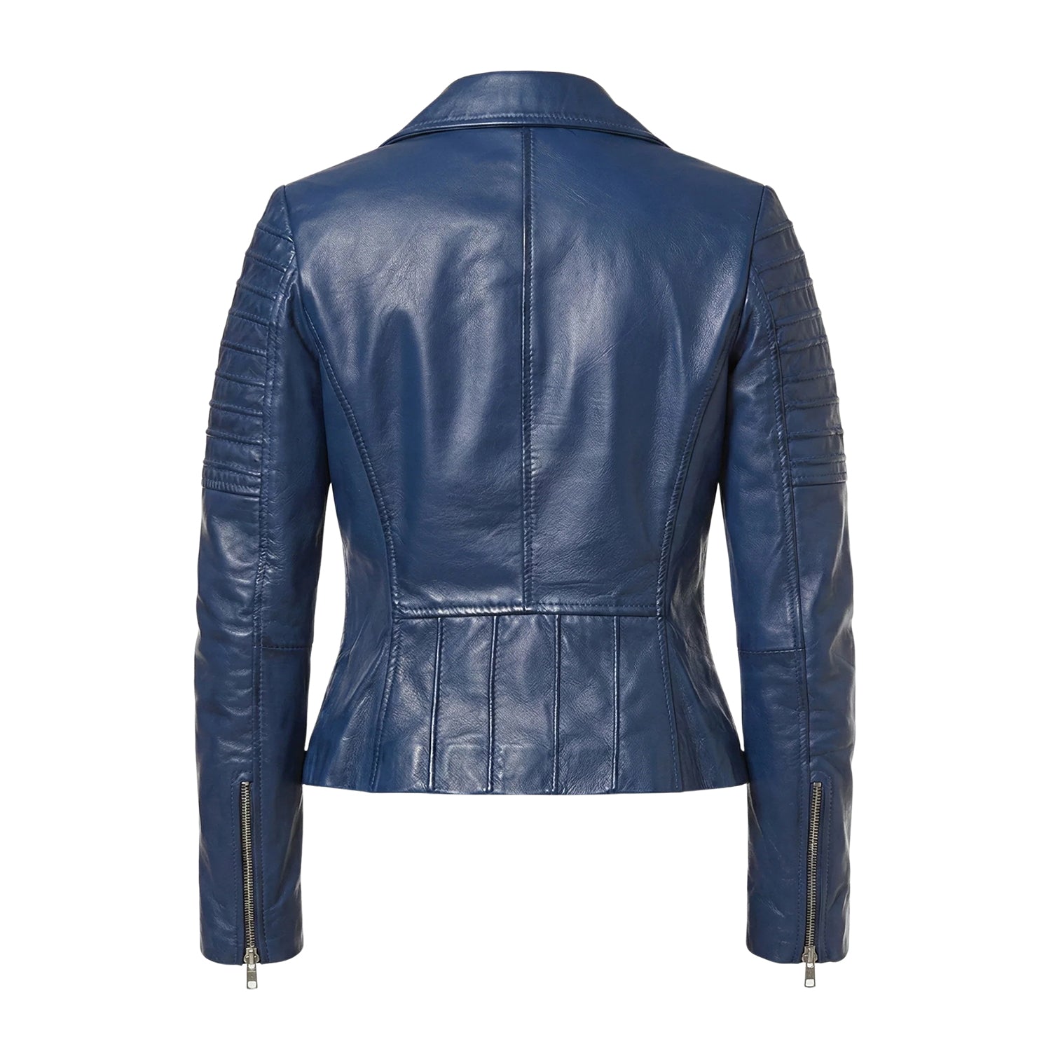 Women' Biker Zip-Up Closure Blue Leather Jacket (Back)