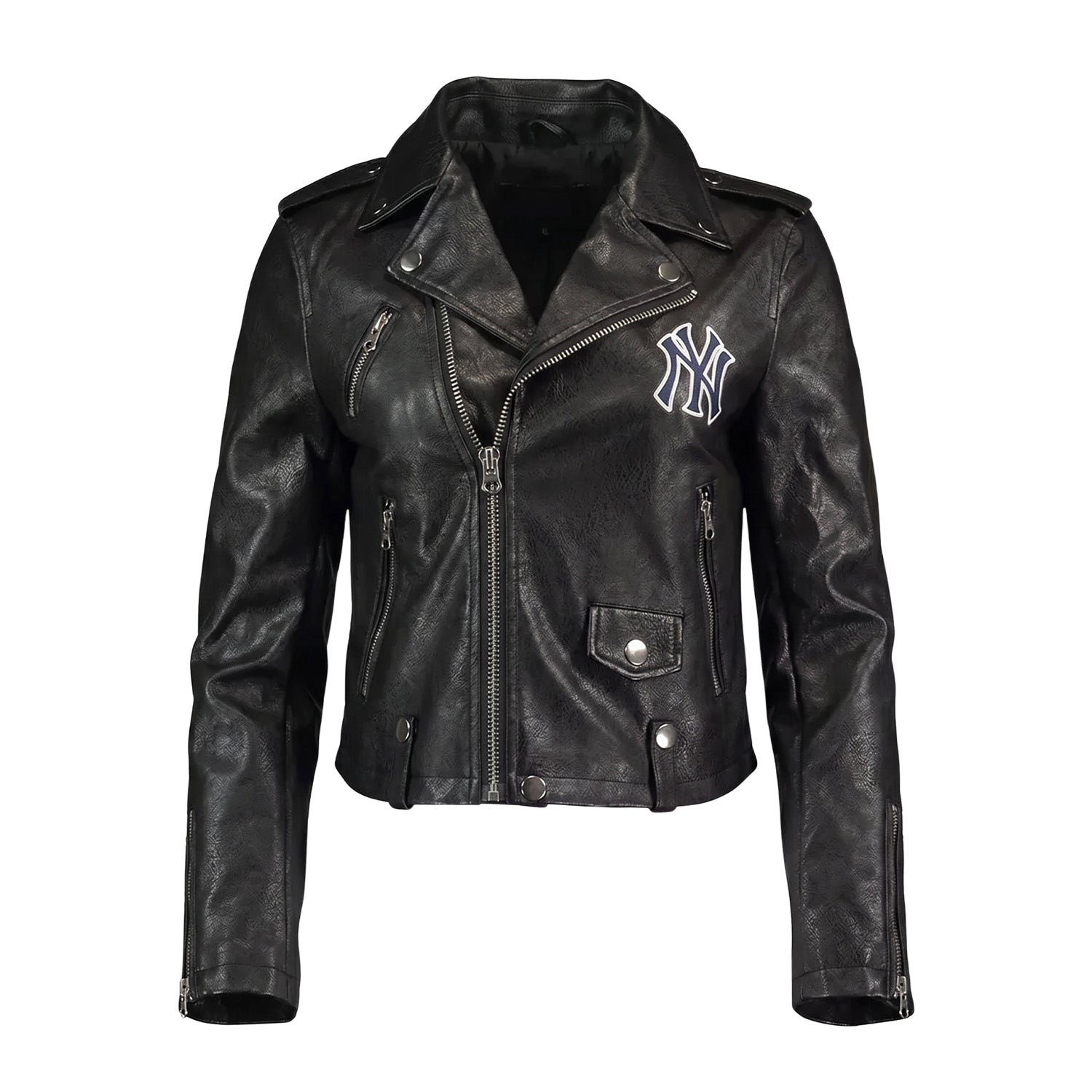 Women' Biker NY Yankees Logo Black Leather Jacket
