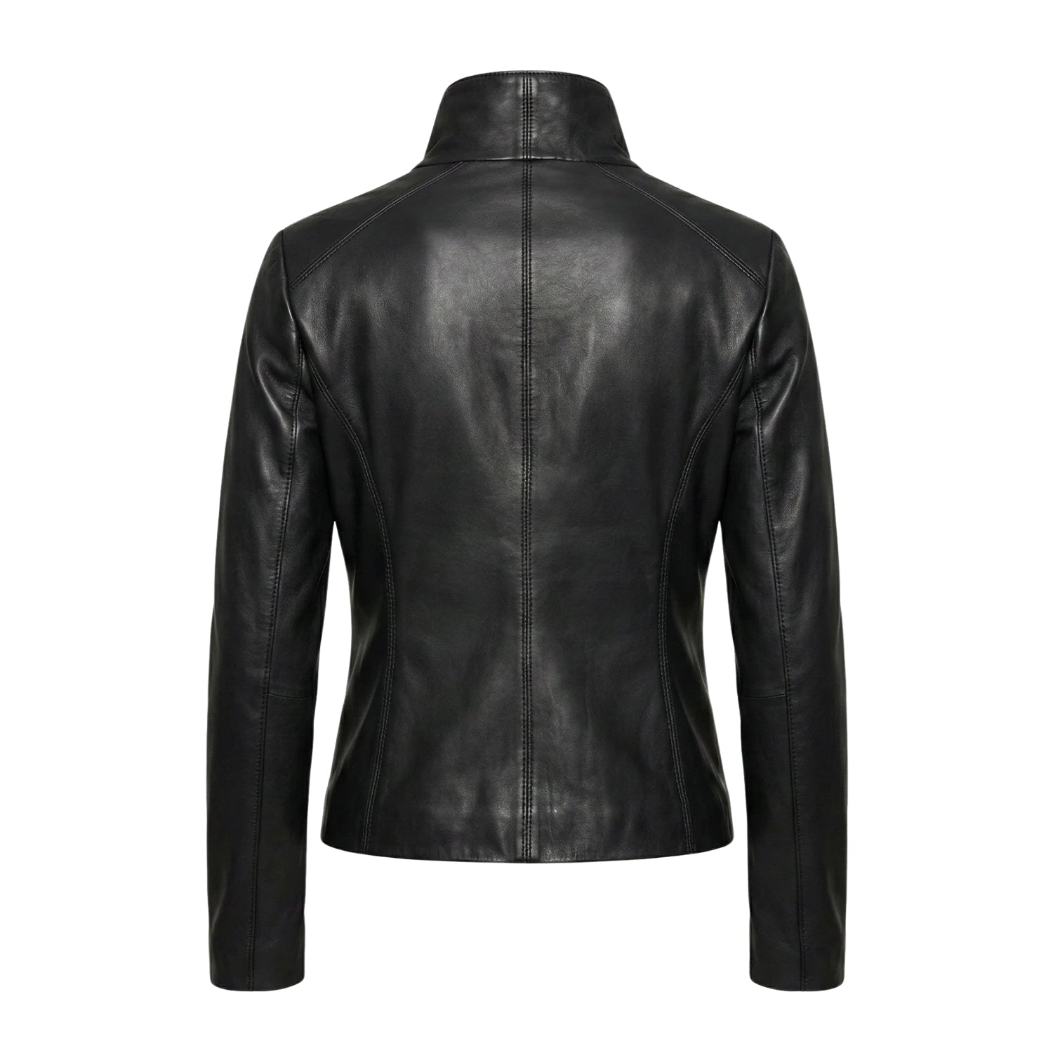 Women' Biker Robust Stitching Black Leather Jacket (Back)