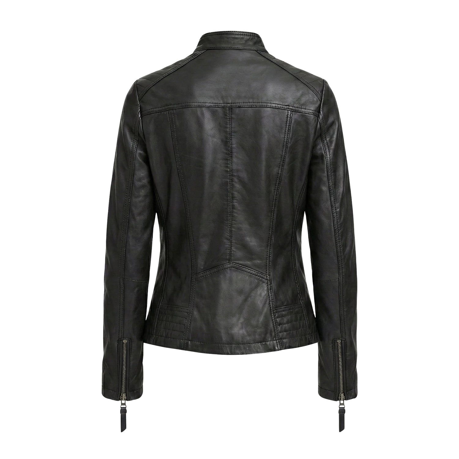 Women' Biker Zip-Up Closure Black Premium Leather Jacket (Back)