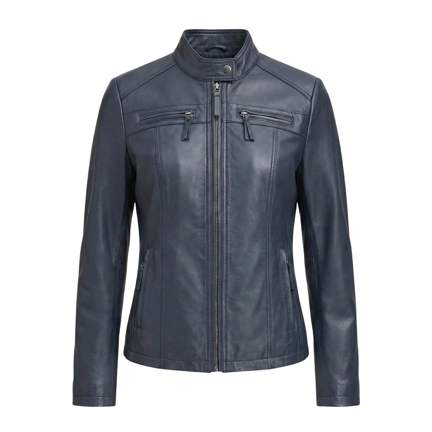 Women' Biker Zip-Up Closure Blue Leather Jacket