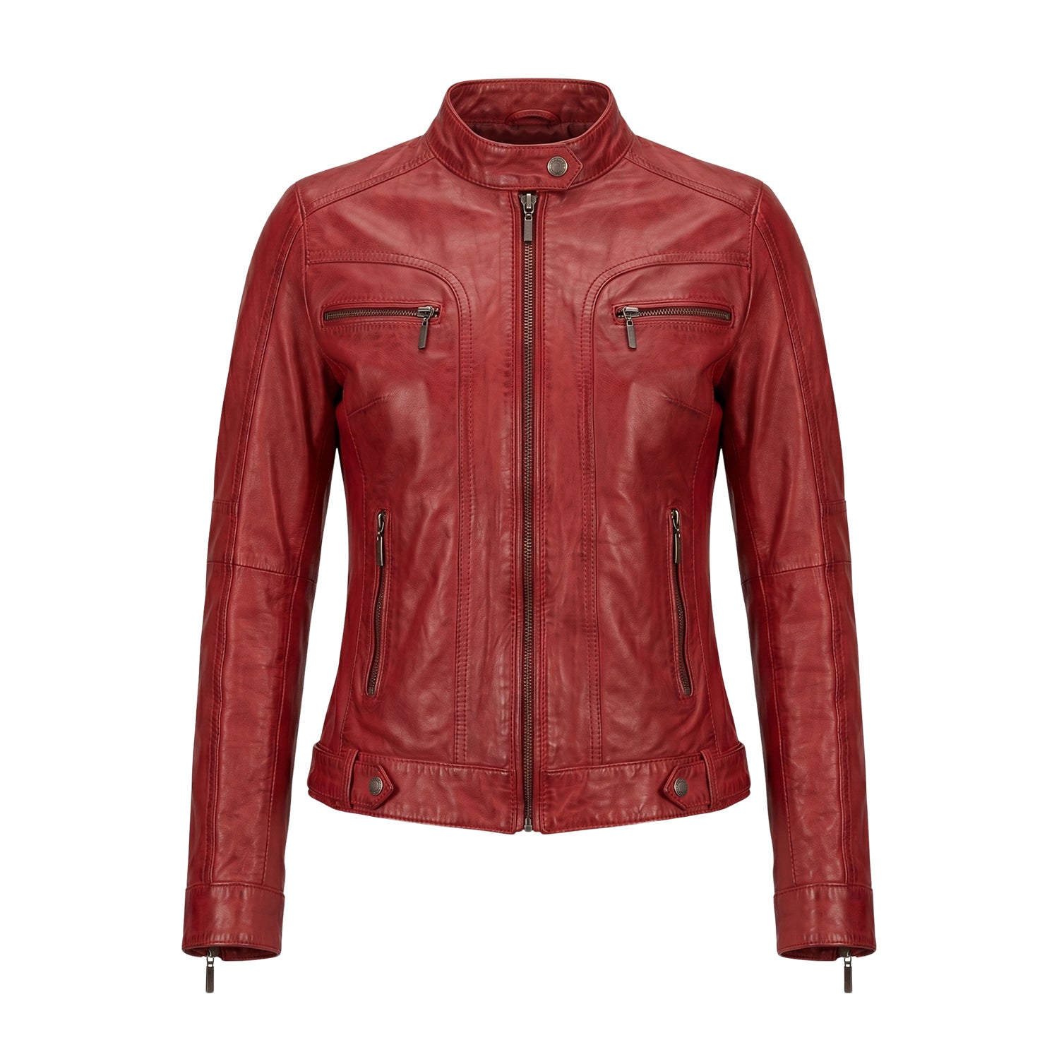 Women' Biker Zip-Up Closure Red Leather Jacket