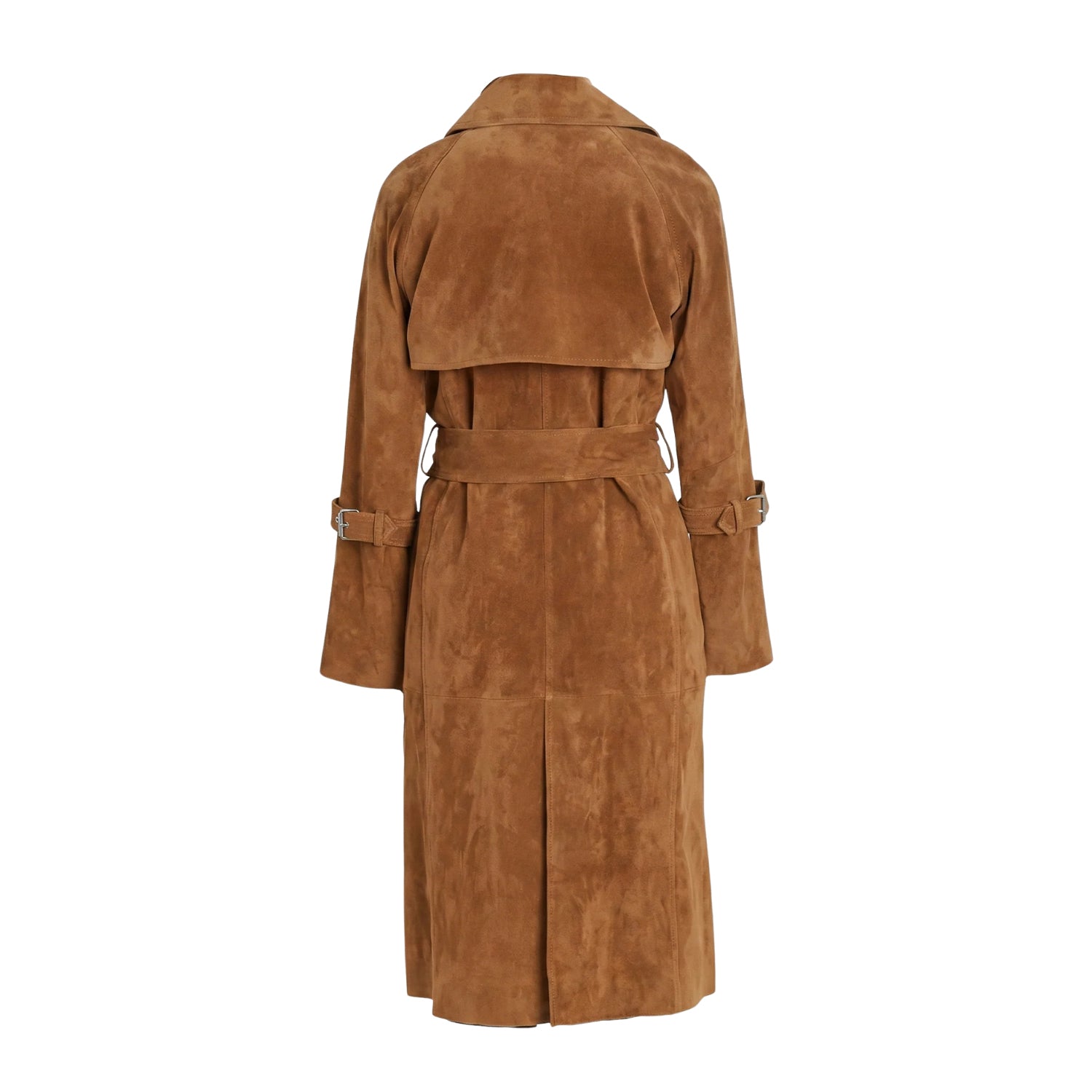 Women's Double Breasted Belted Waist Leather Trench Coat (Back)