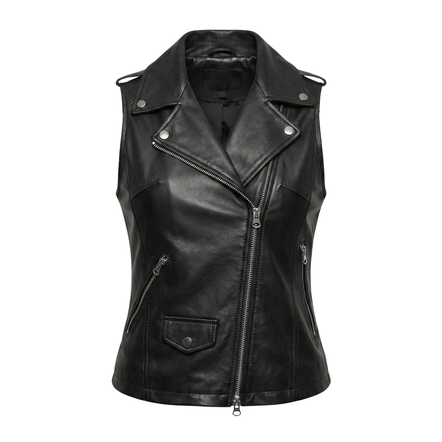 Women's Biker Gun Pockets Black Leather Vest