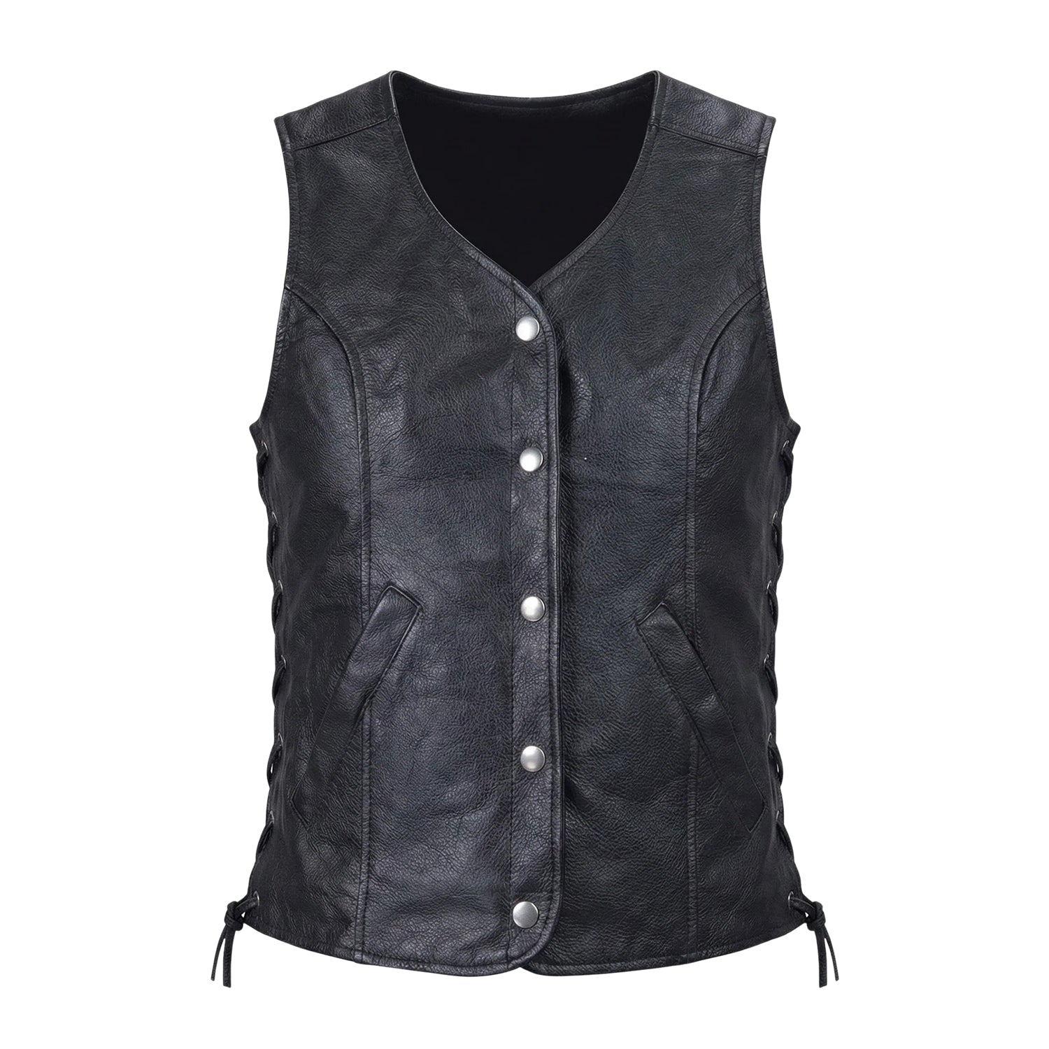 Women's Biker Open Front Black Leather Vest