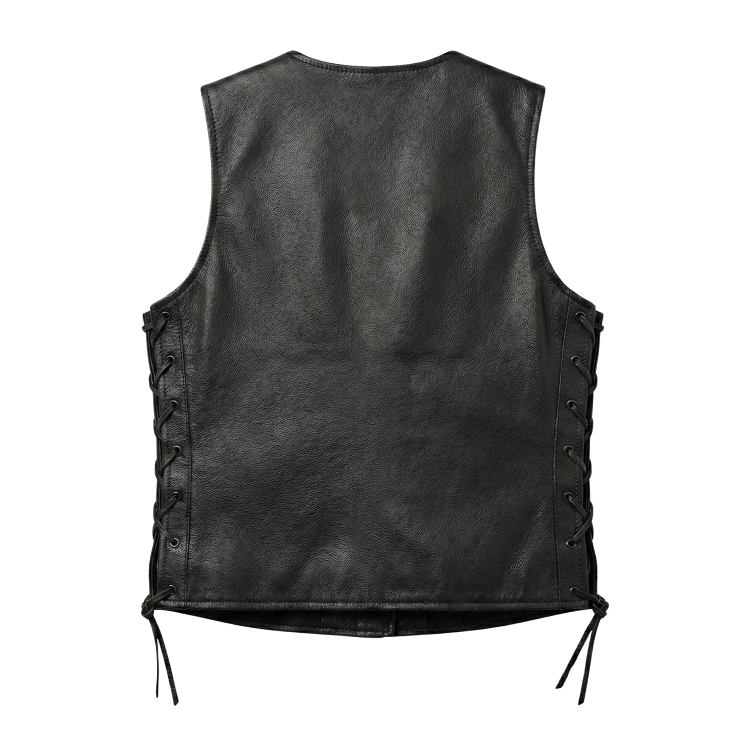 Women's Biker Open Front Black Leather Vest (Back)