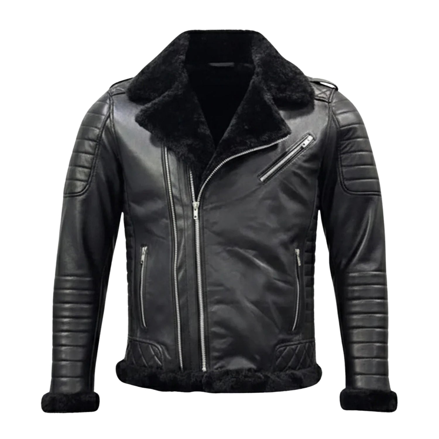 Women's Biker Shearling Lined Black Shearling Jacket