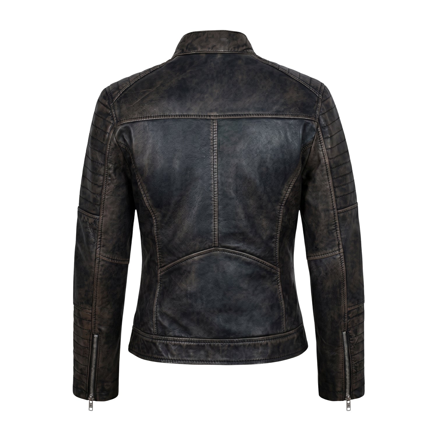 Women's Biker Zip-Up Closure Black Lambskin Leather Jacket (Back)