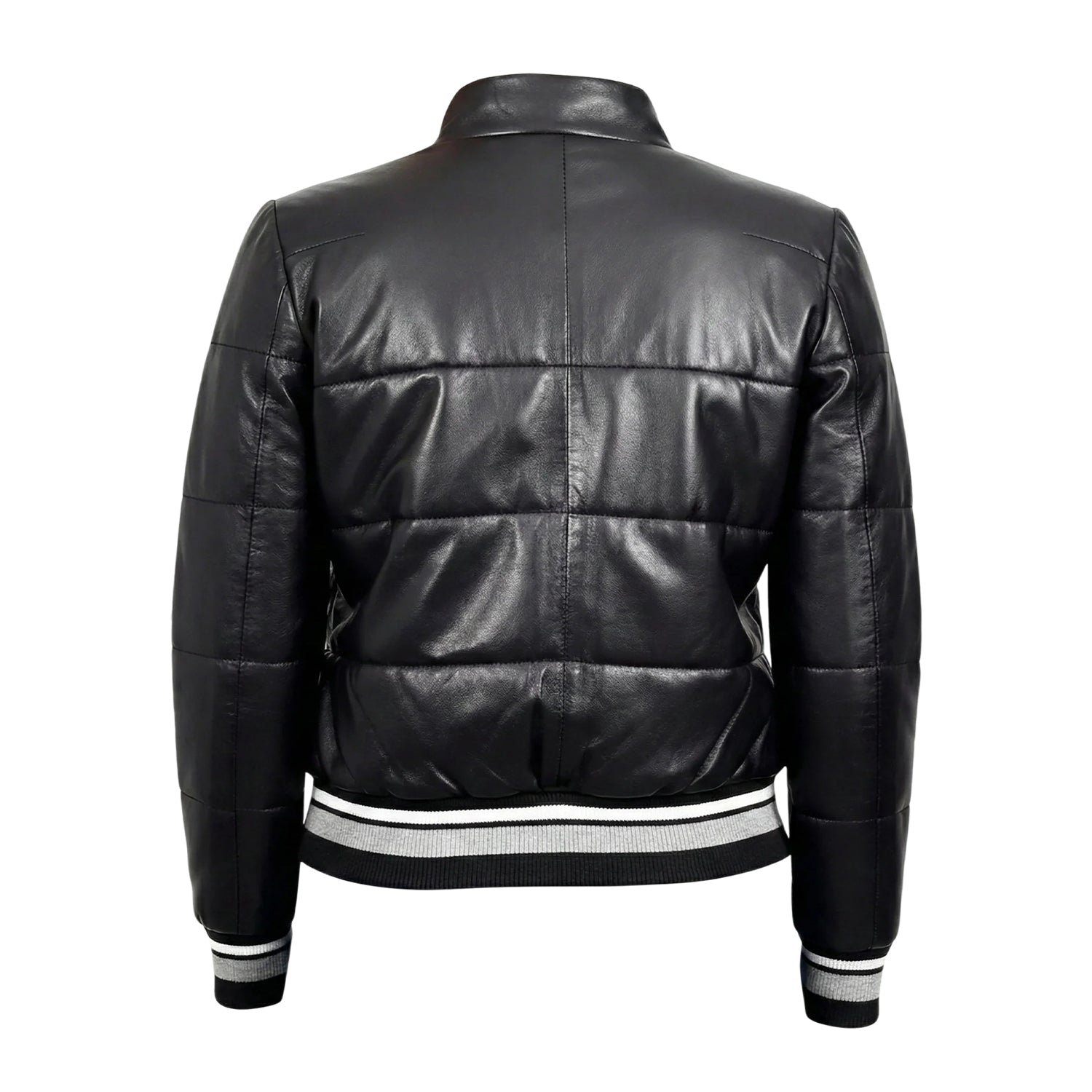 Women's Bomber Black Leather Puffer Jacket (Back)
