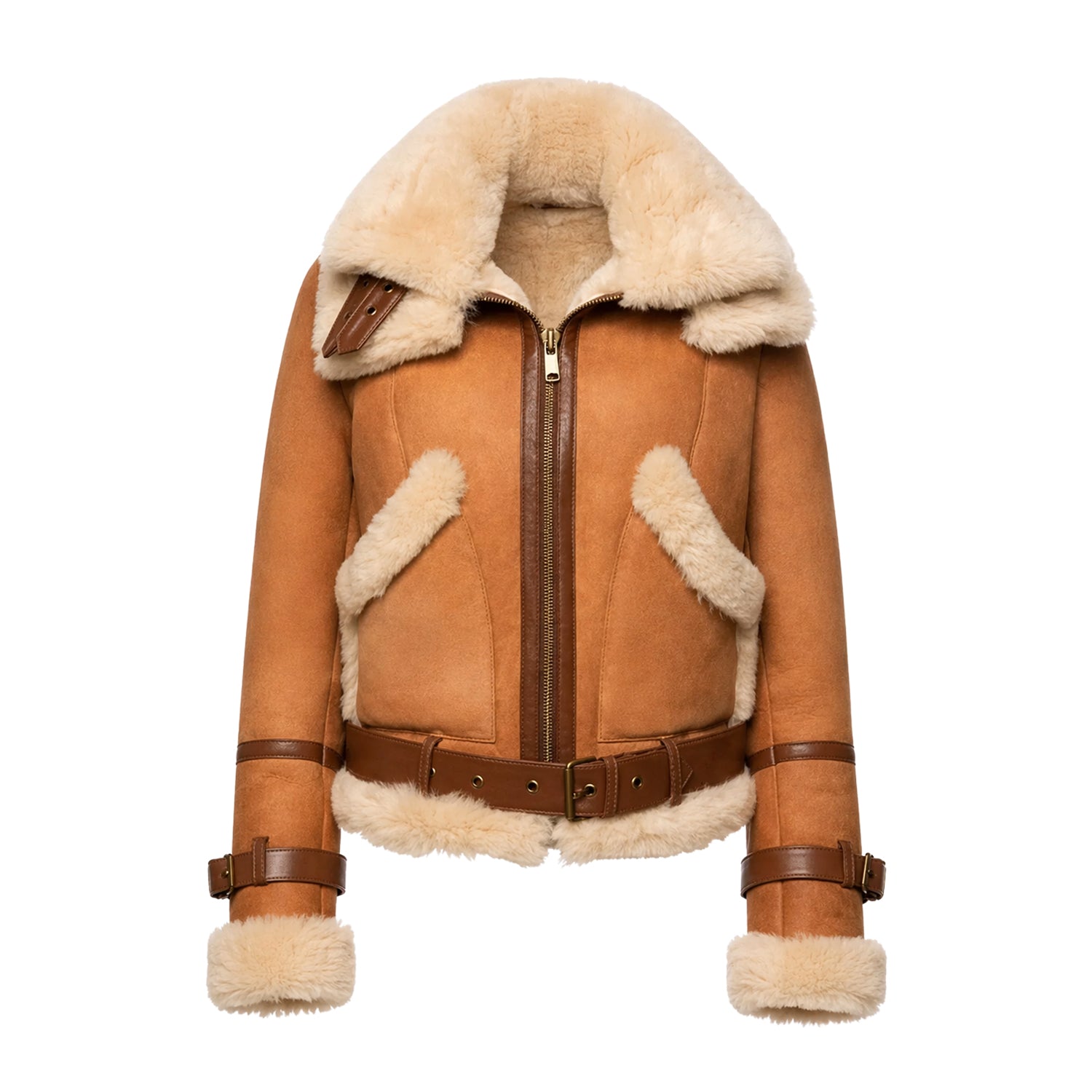 Women's Bomber Double Collar Vintage Cognac Shearling Jacket