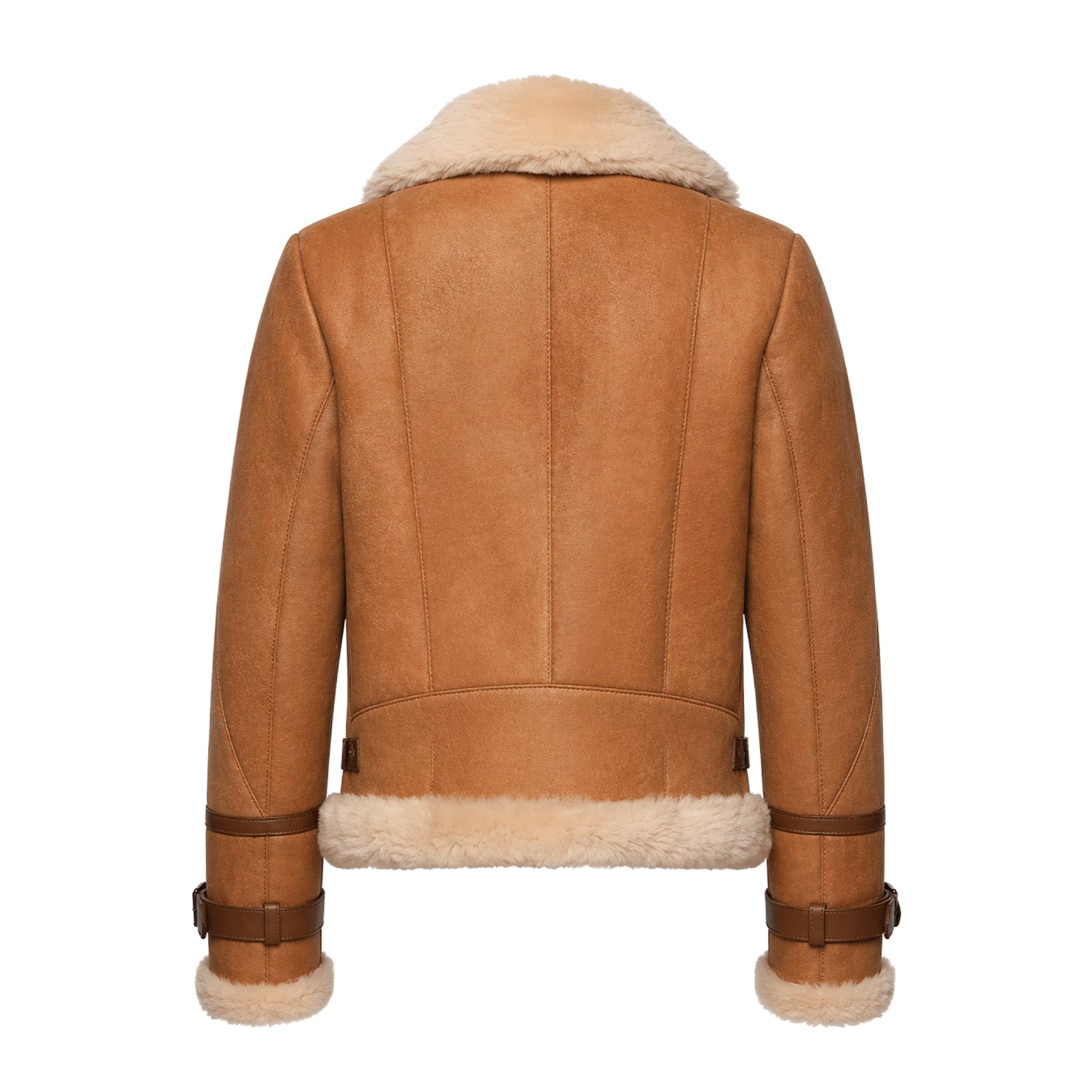Women's Bomber Double Collar Vintage Cognac Shearling Jacket (Back)