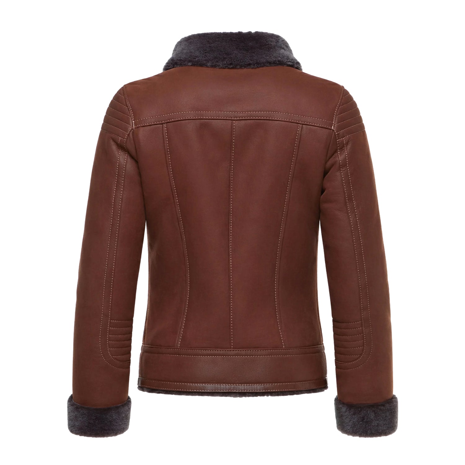Women's Bomber Fur Cuffs Brown Shearling Jacket (Back)