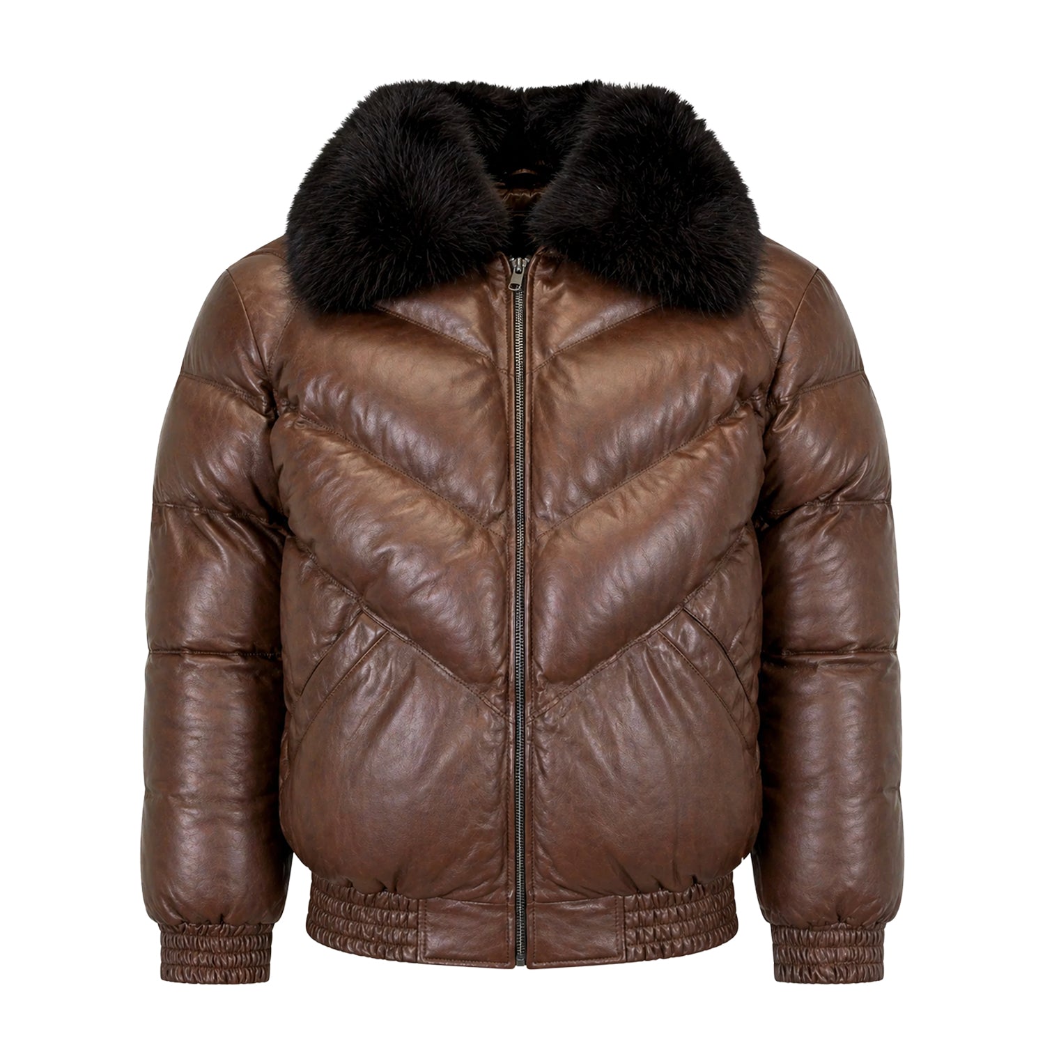 Women's Bomber Leather Brown Puffer Jacket