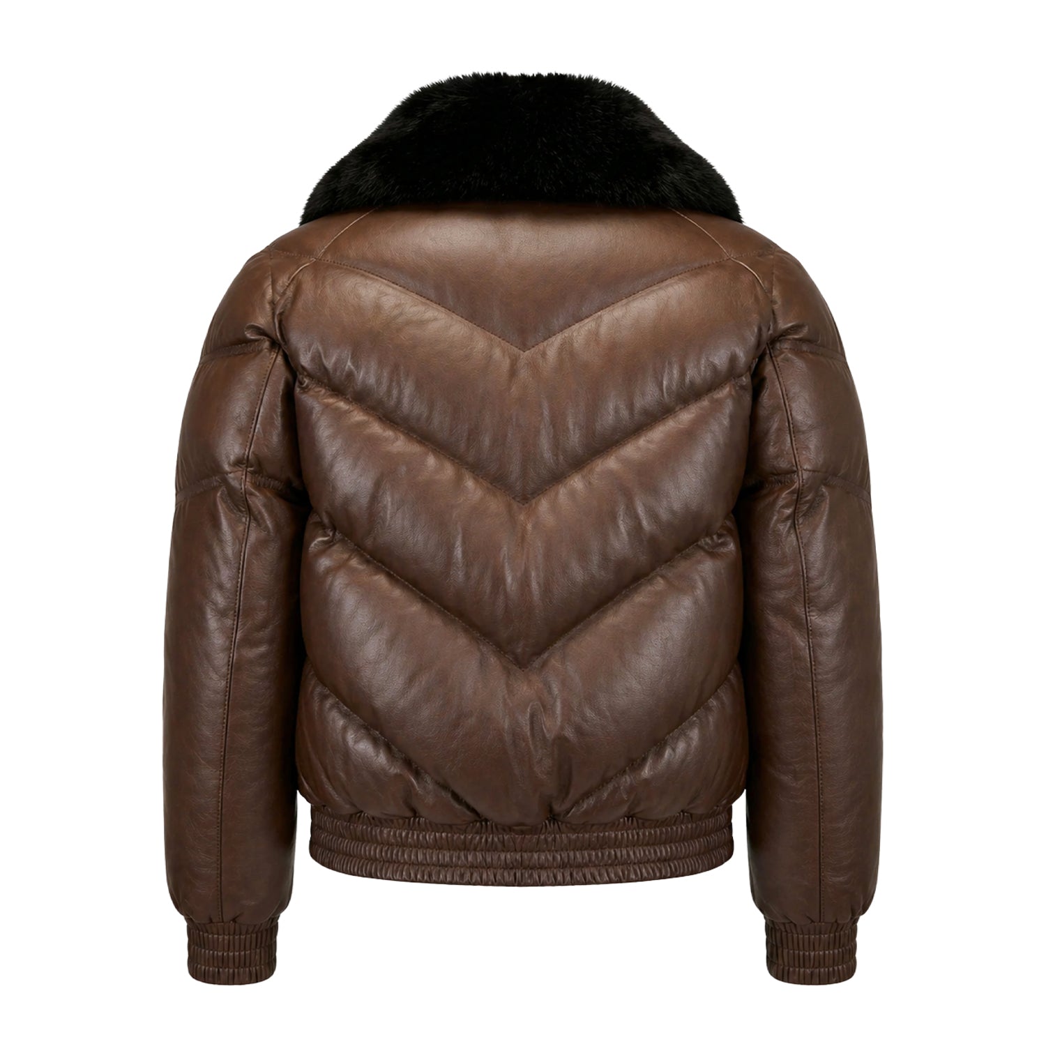 Women's Bomber Leather Brown Puffer Jacket (Back)