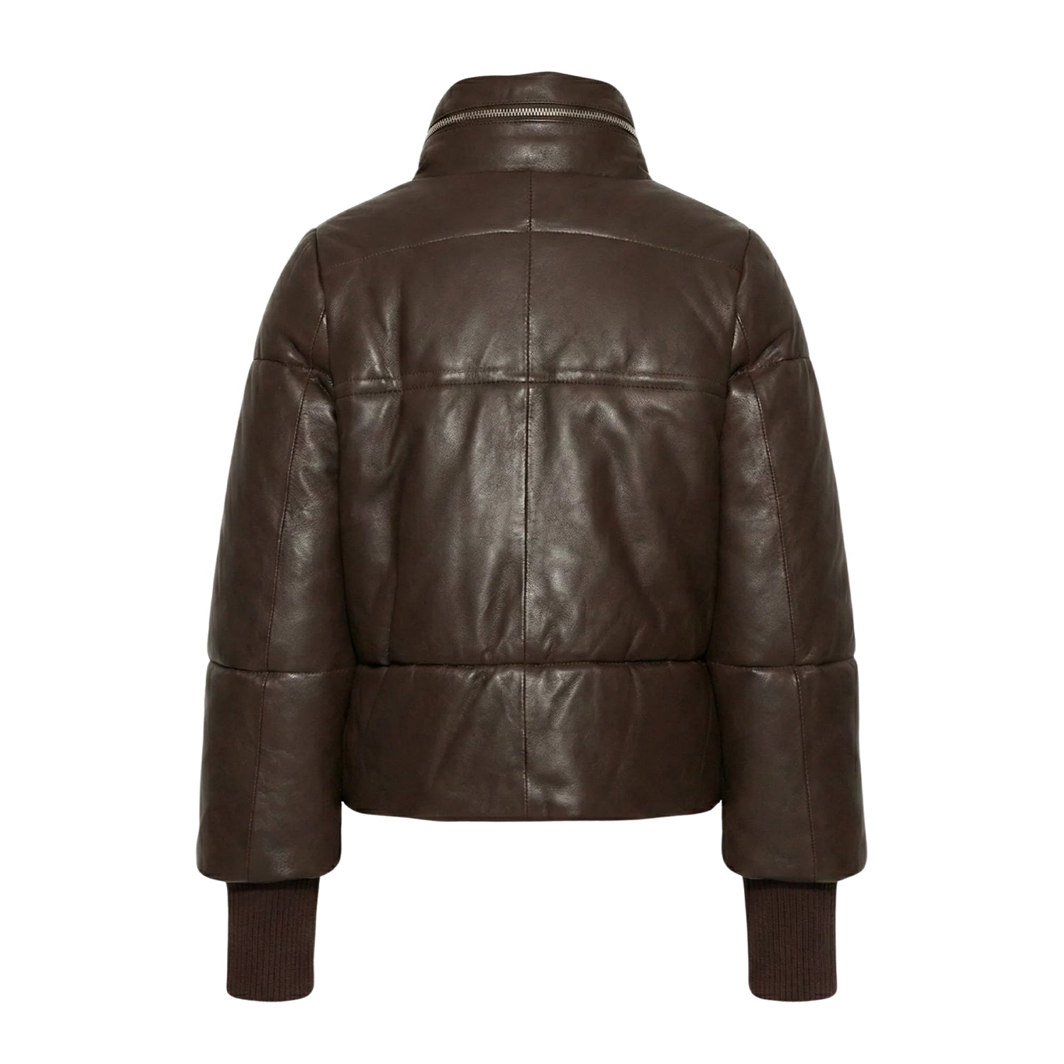Women's Bomber Stand-Up Collar Brown Puffer Jacket (Back)
