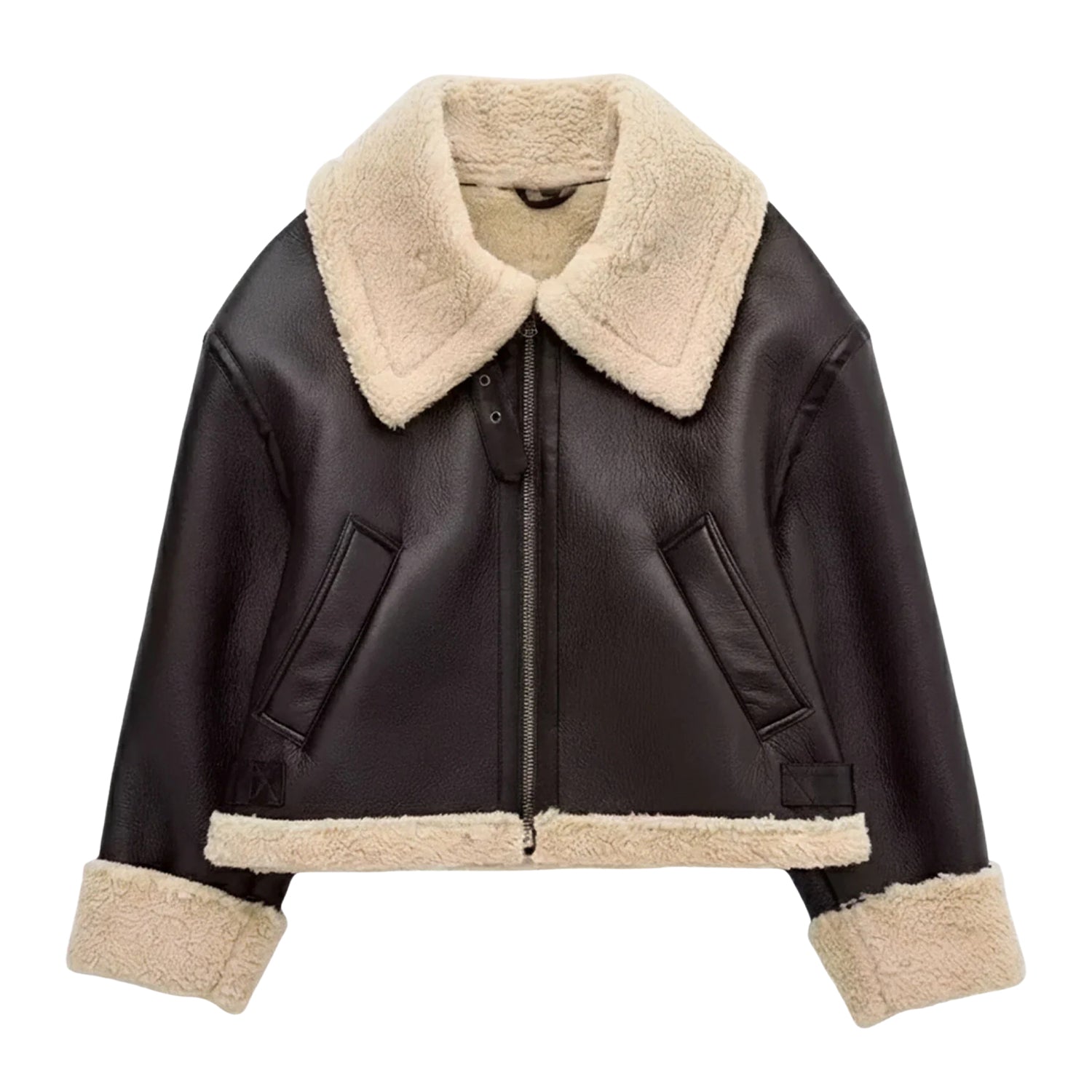 Women's Bomber Stand-up Collar Brown Shearling Jacket
