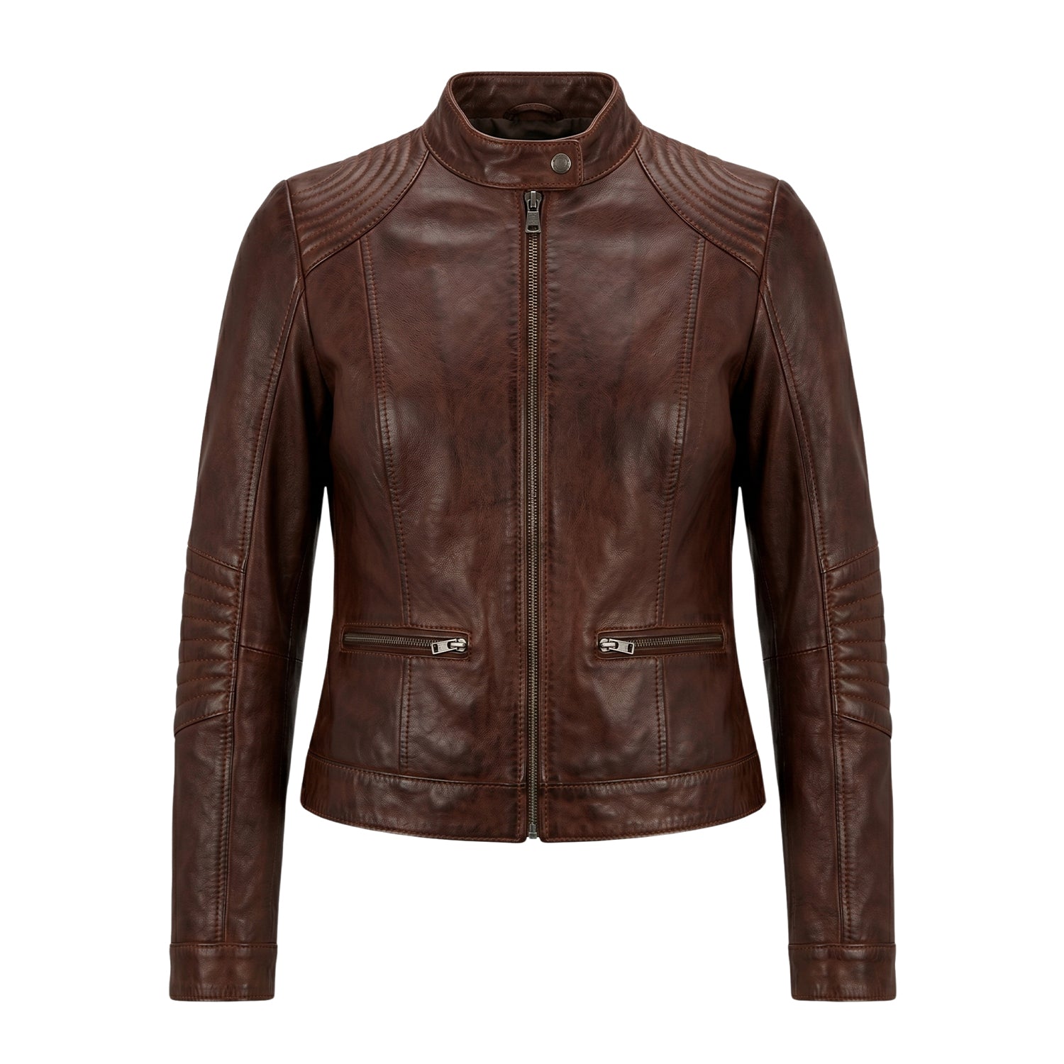 Women's Cafe Racer Zip-Up Closure Distressed Brown Leather Jacket