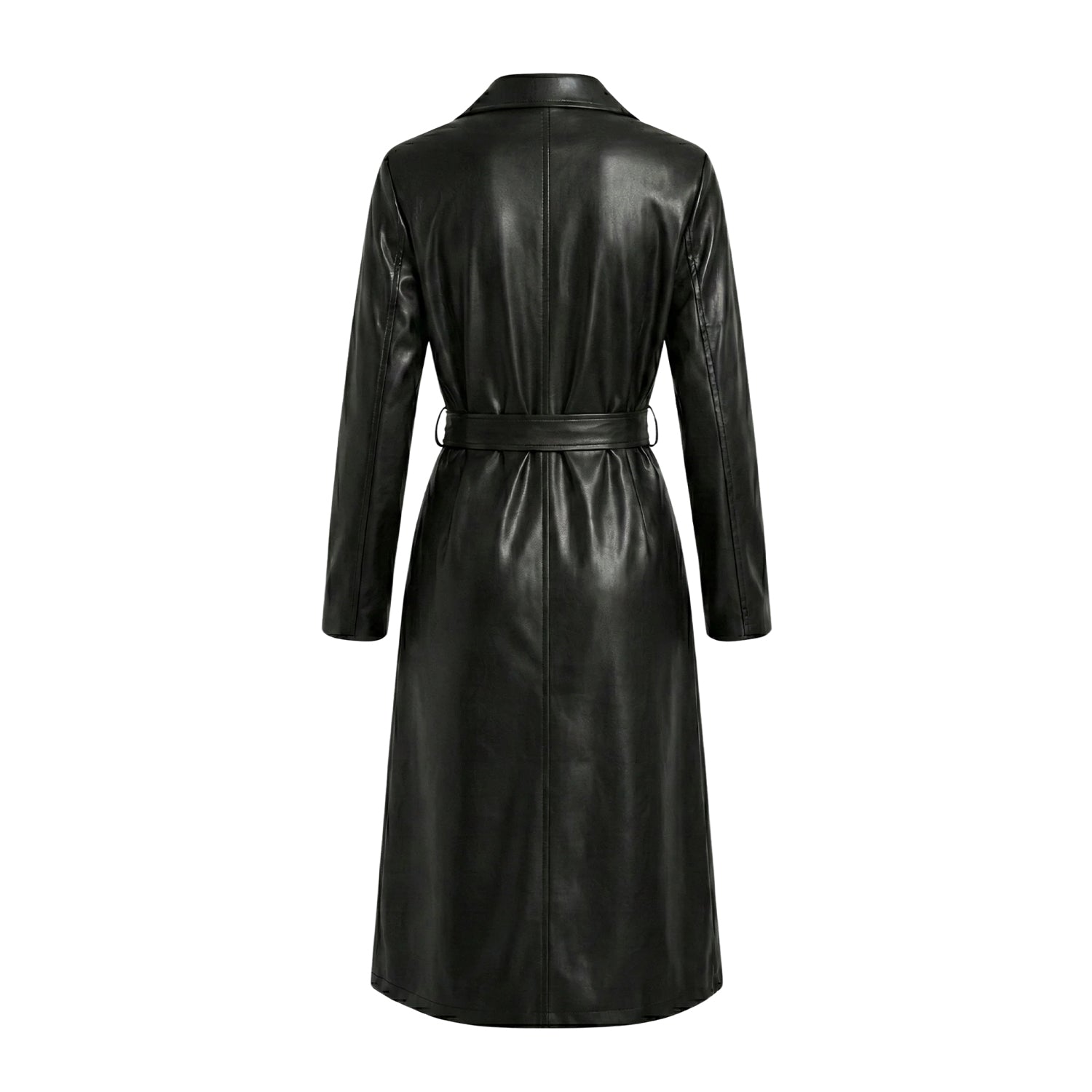 Women's Double Breasted Belted Waist Black Leather Trench Coat (Back)
