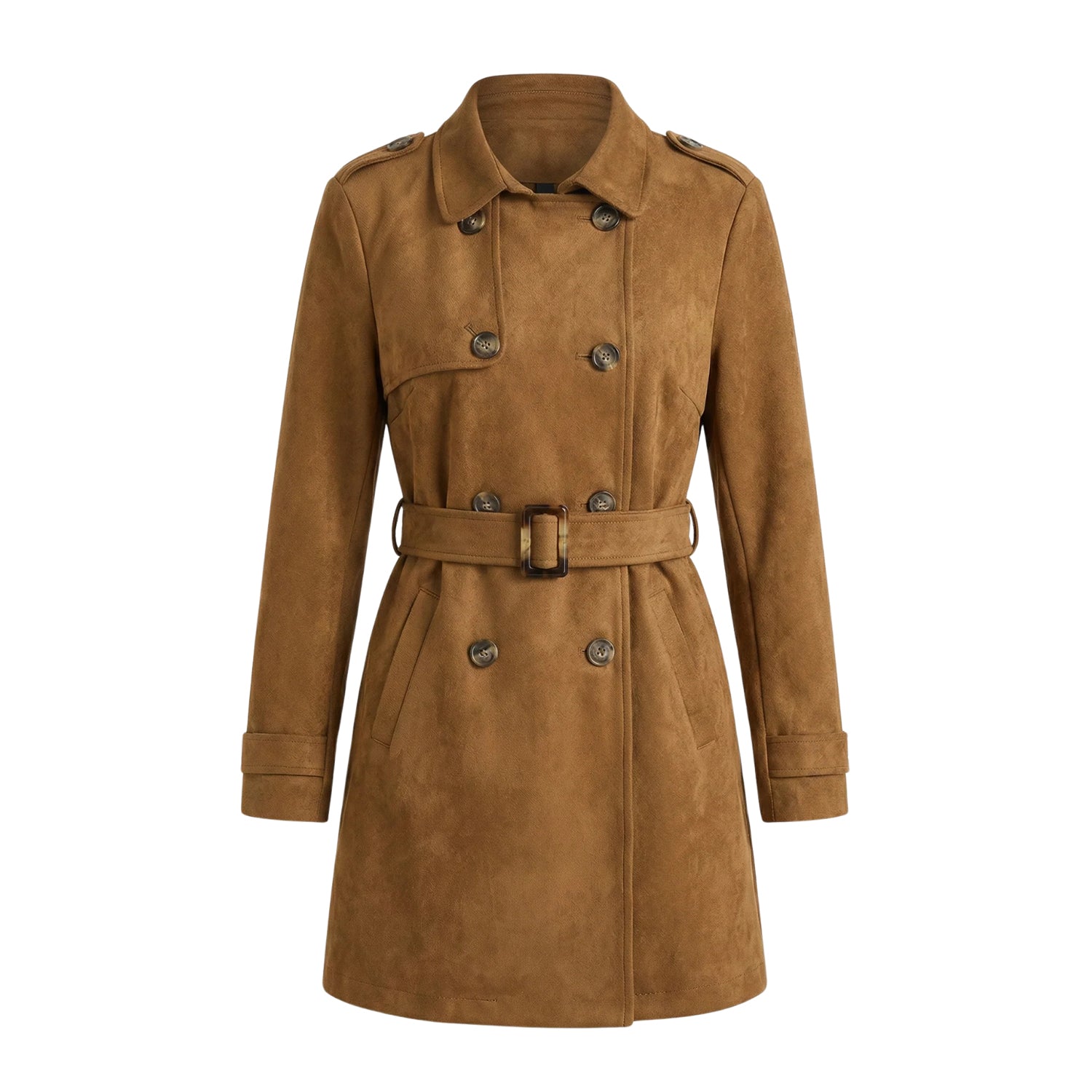 Women's Double Breasted Belted Waist Suede Trench Coat