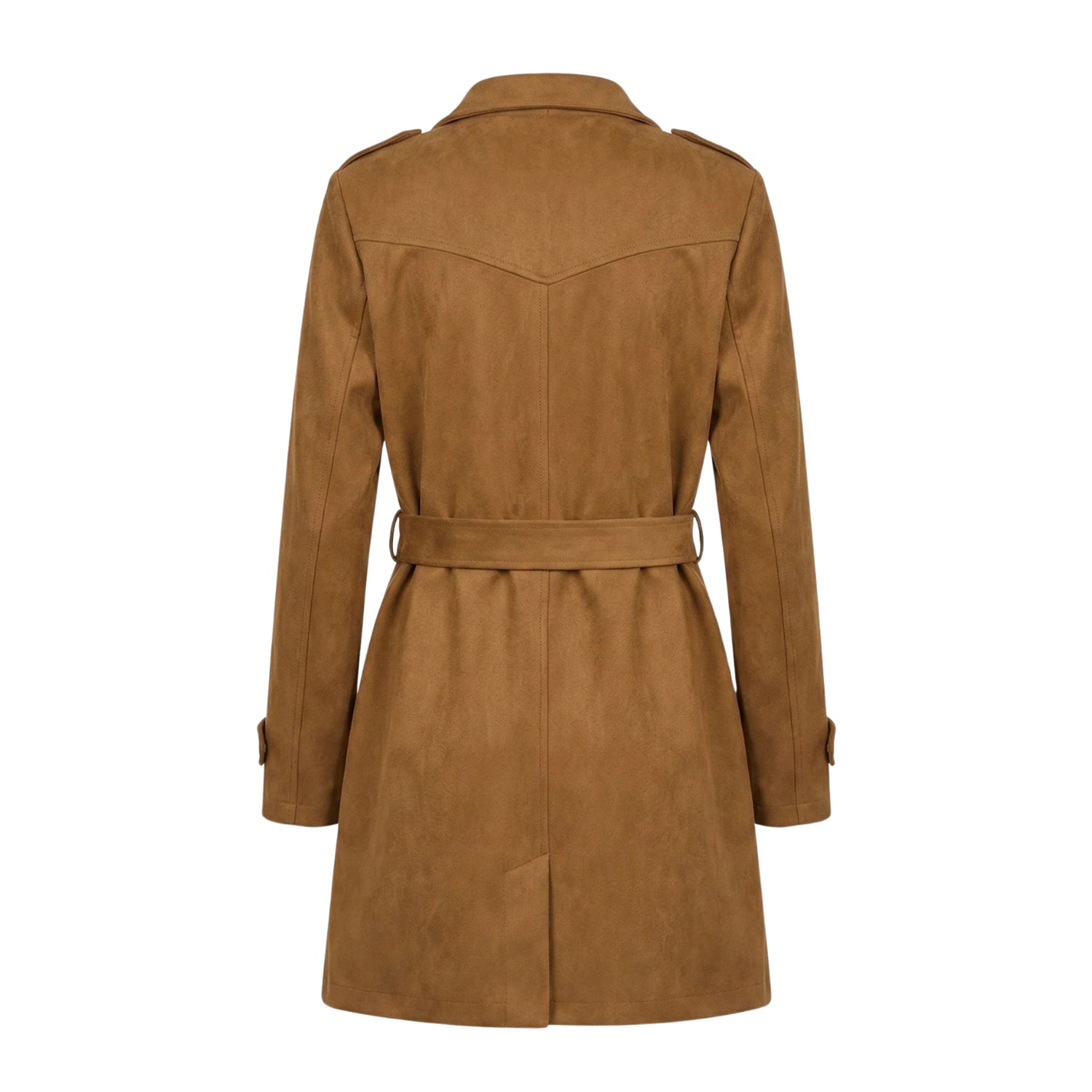 Women's Double Breasted Belted Waist Suede Trench Coat (Back)