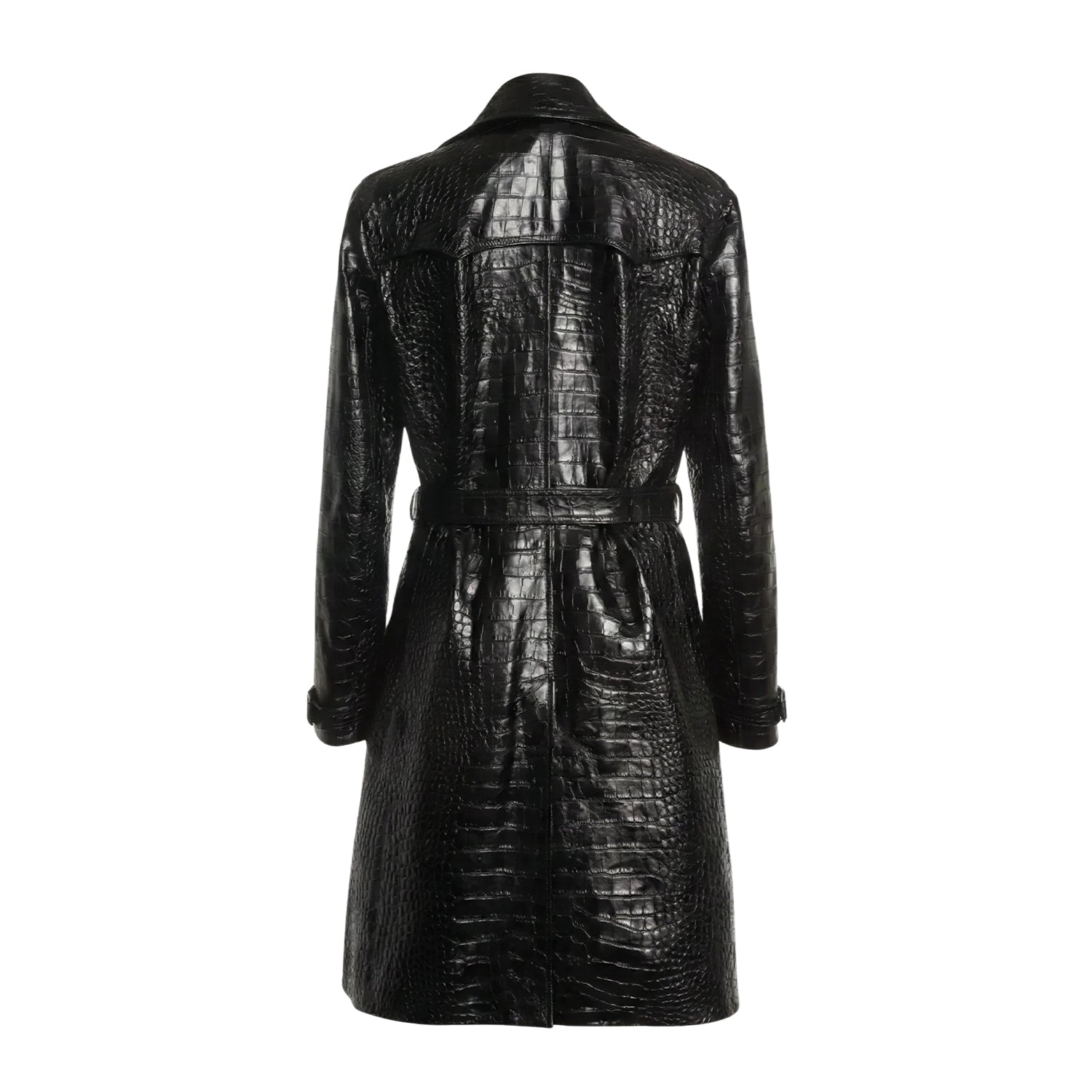 Women's Double Breasted Croc Embossed Black Trench Coat (Back)