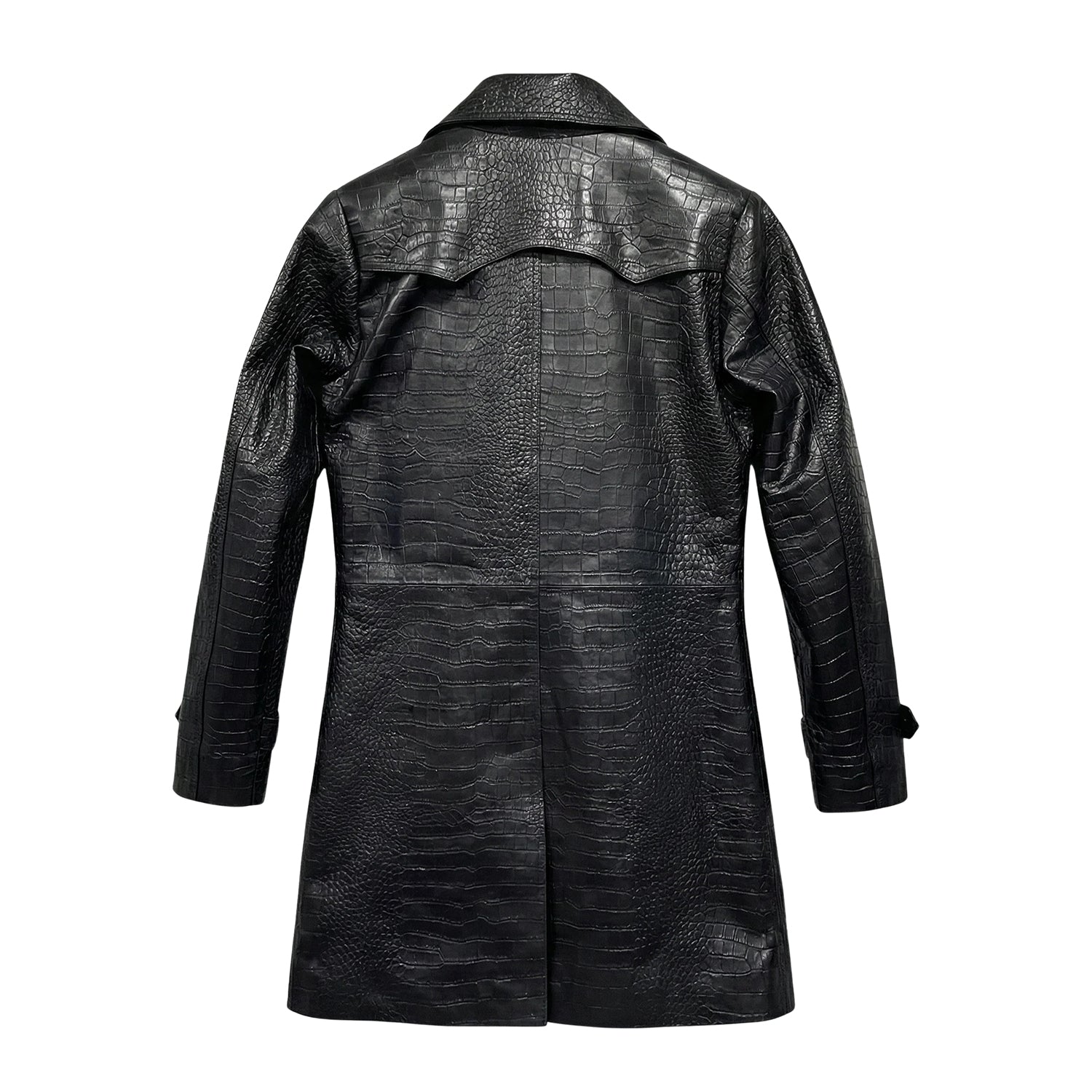 Women's Double Breasted Croco Embossed Black Trench Coat (Back)