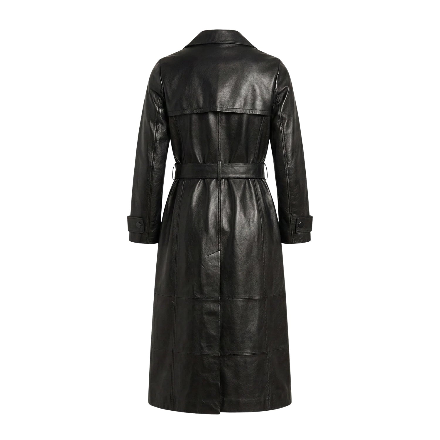 Women's Double Breasted Lambskin Leather Black Trench Coat (Back)