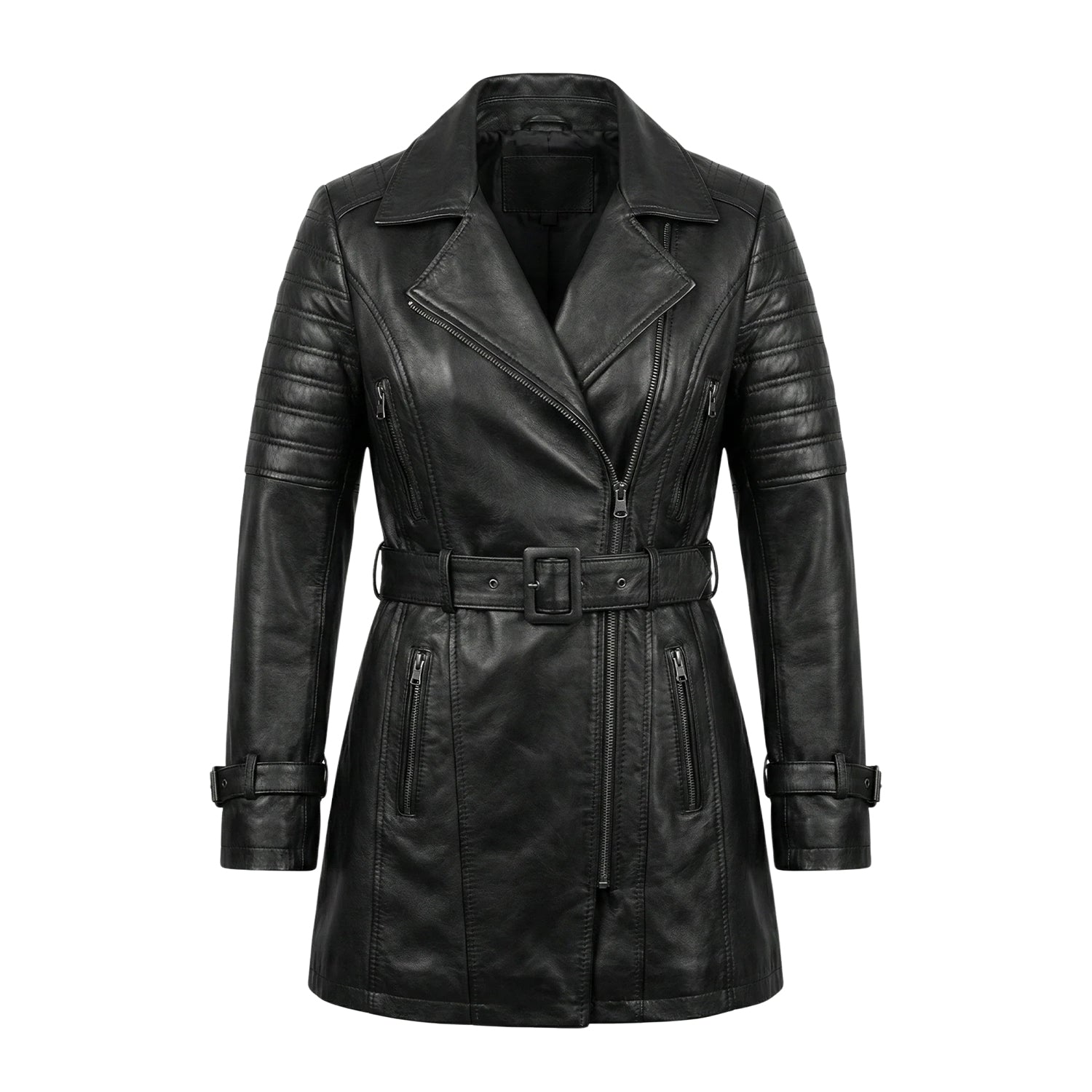 Women's Long Biker Zipper Detail Black Trench Coat