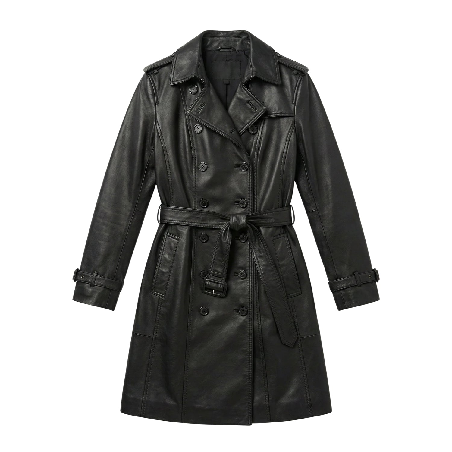 Women's Long Double-breasted front Black Trench Coat