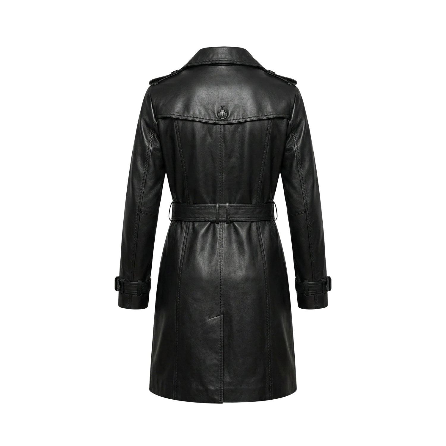 Women's Long Double-breasted front Black Trench Coat (Back)
