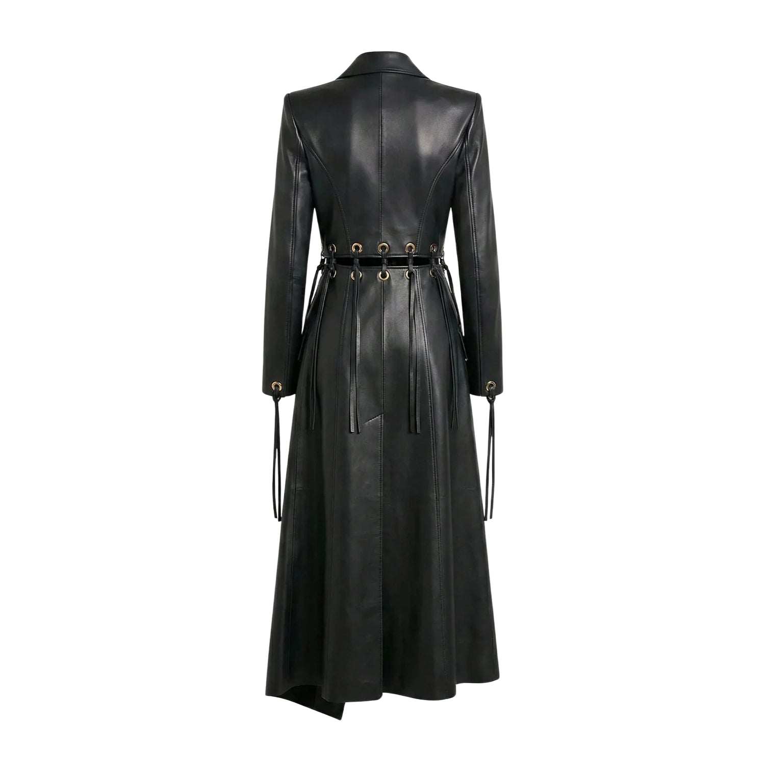 Women's Long Eyelet Embellishments Black Trench Coat (Back)