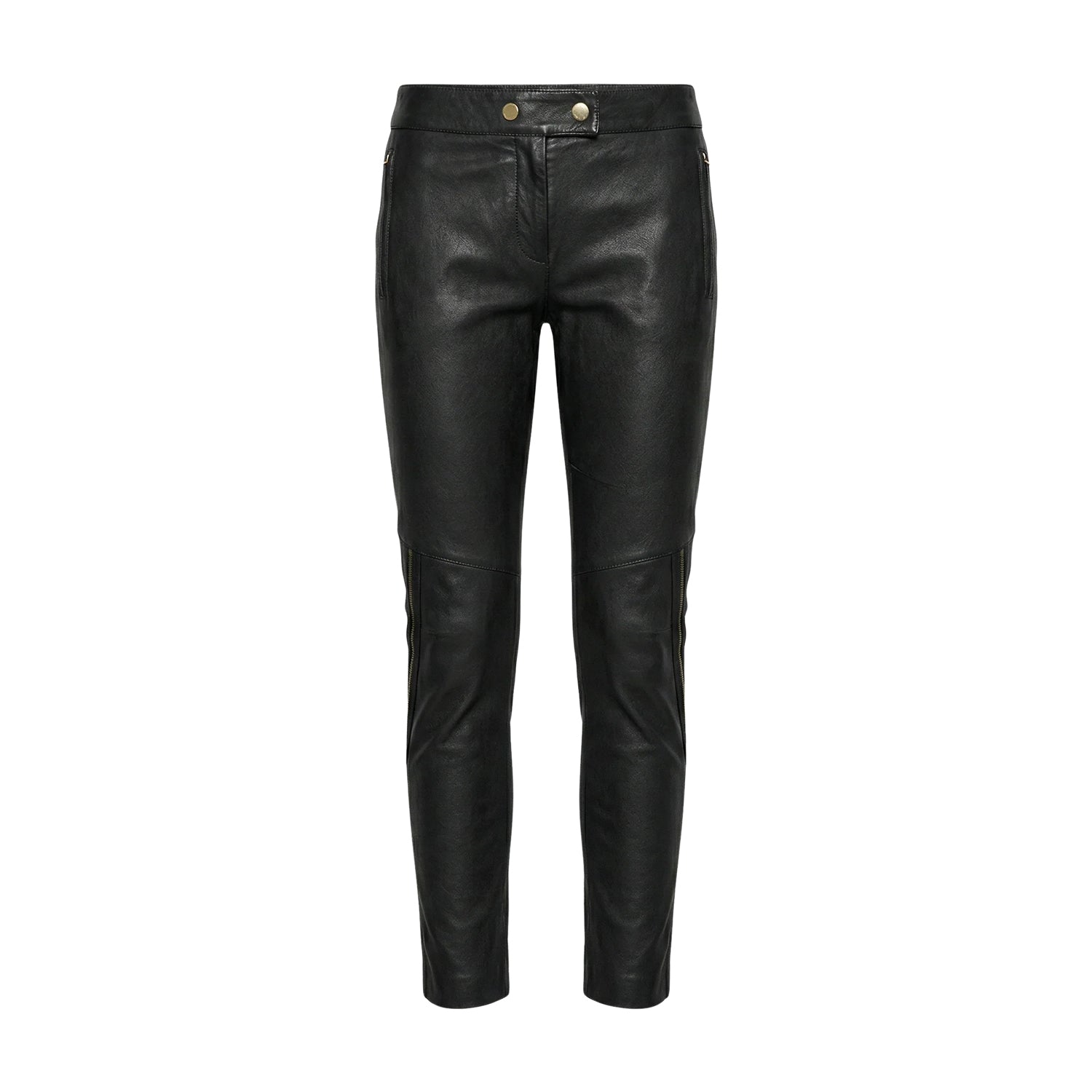 Women’s Mid-Rise Zipper Trim Black Leather Pants