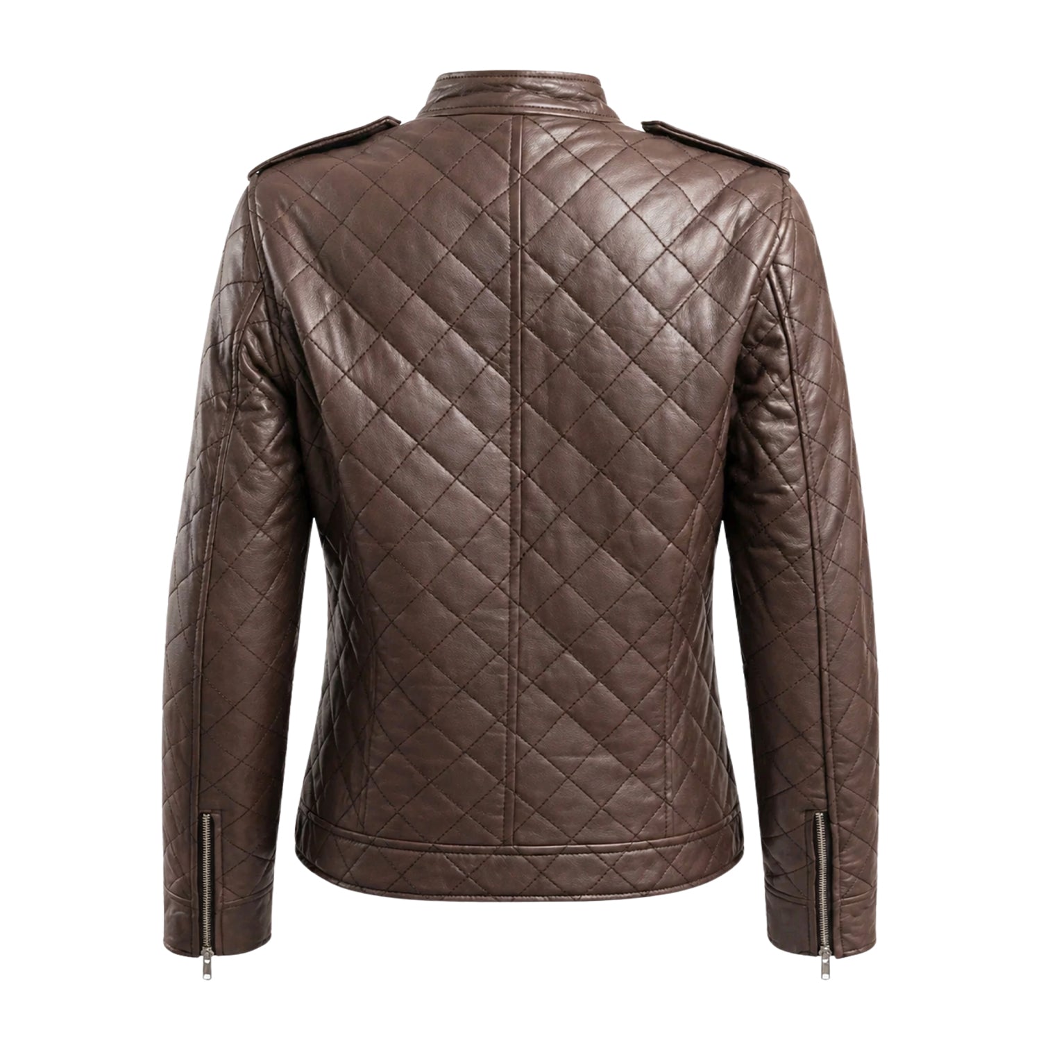 Women's Quilted Quilted Pattern Brown Puffer Jacket (Back)