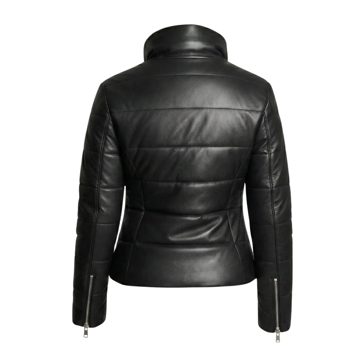 Women's Quilted Side Zippers Black Puffer Jacket (Back)