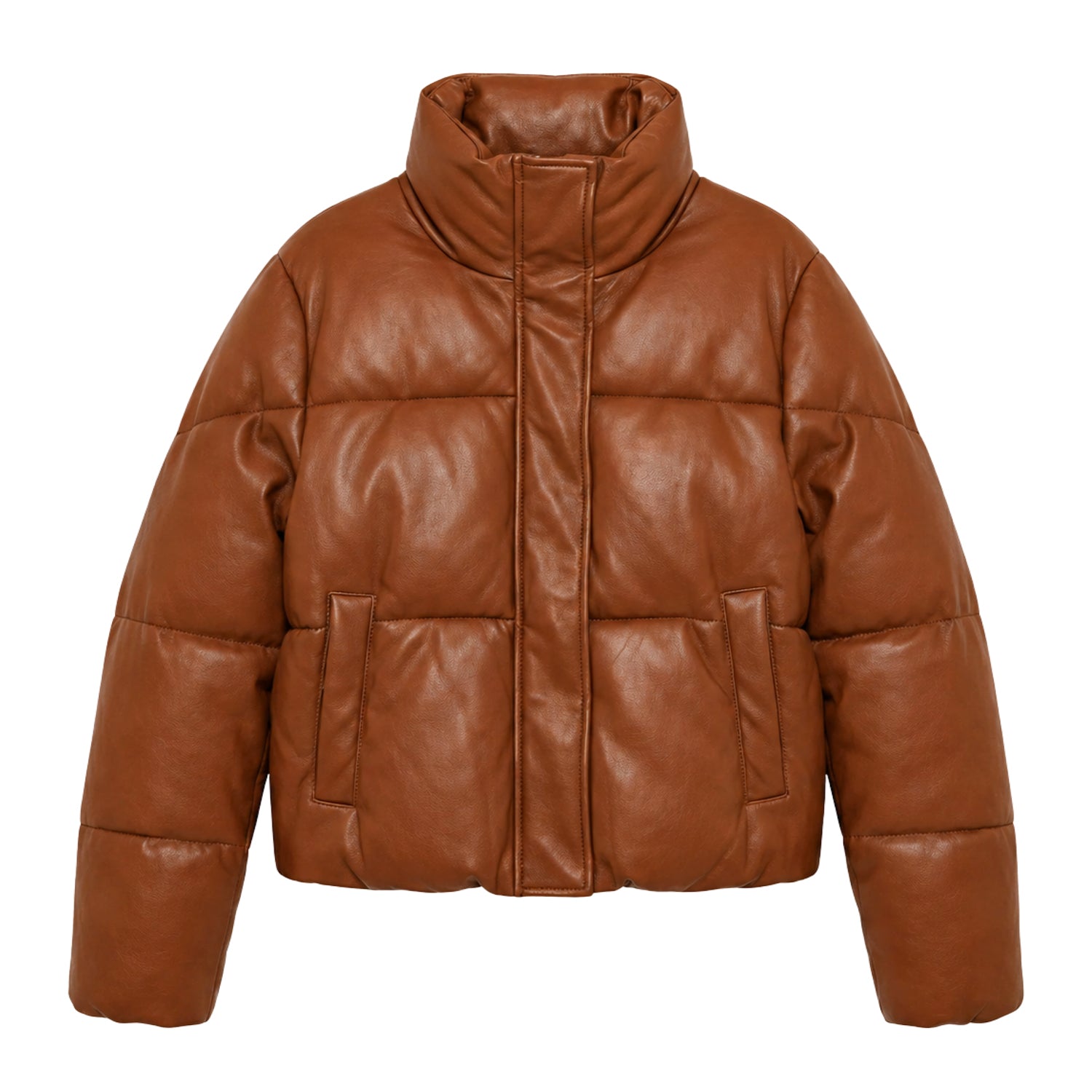 Women's Quilted Vegan Leather Mocha Brown Puffer Jacket