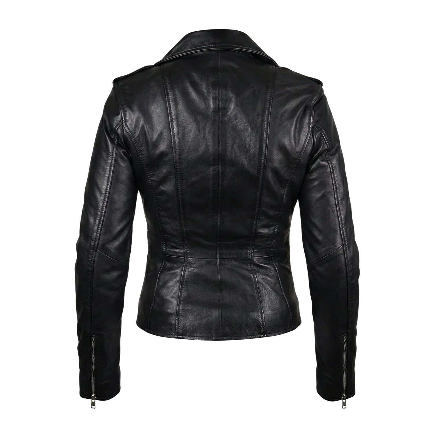 Women' Biker Zip-Up Closure Black Leather Jacket (Back)
