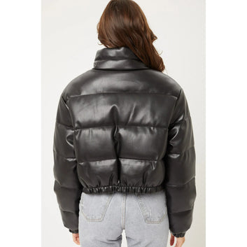 Women  Leather Puffer Quilted Jacket