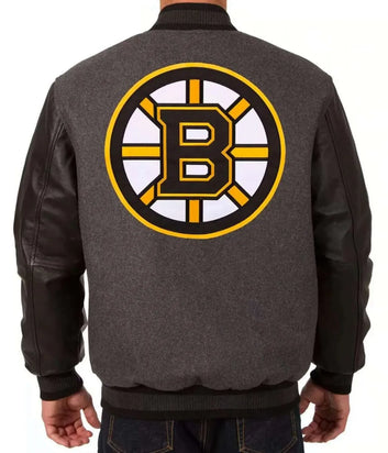 Men Boston Bruins Grey and Black Two Tone Varsity Jacket - NHL