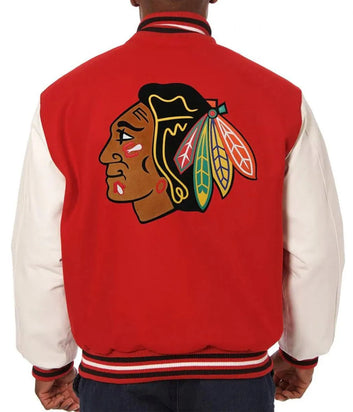 Men Chicago Black hawks Red and White Two Tone Varsity Jacket - NHL