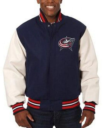 Men Columbus Blue Jackets White Leather and Wool Blue Jacket - NHL