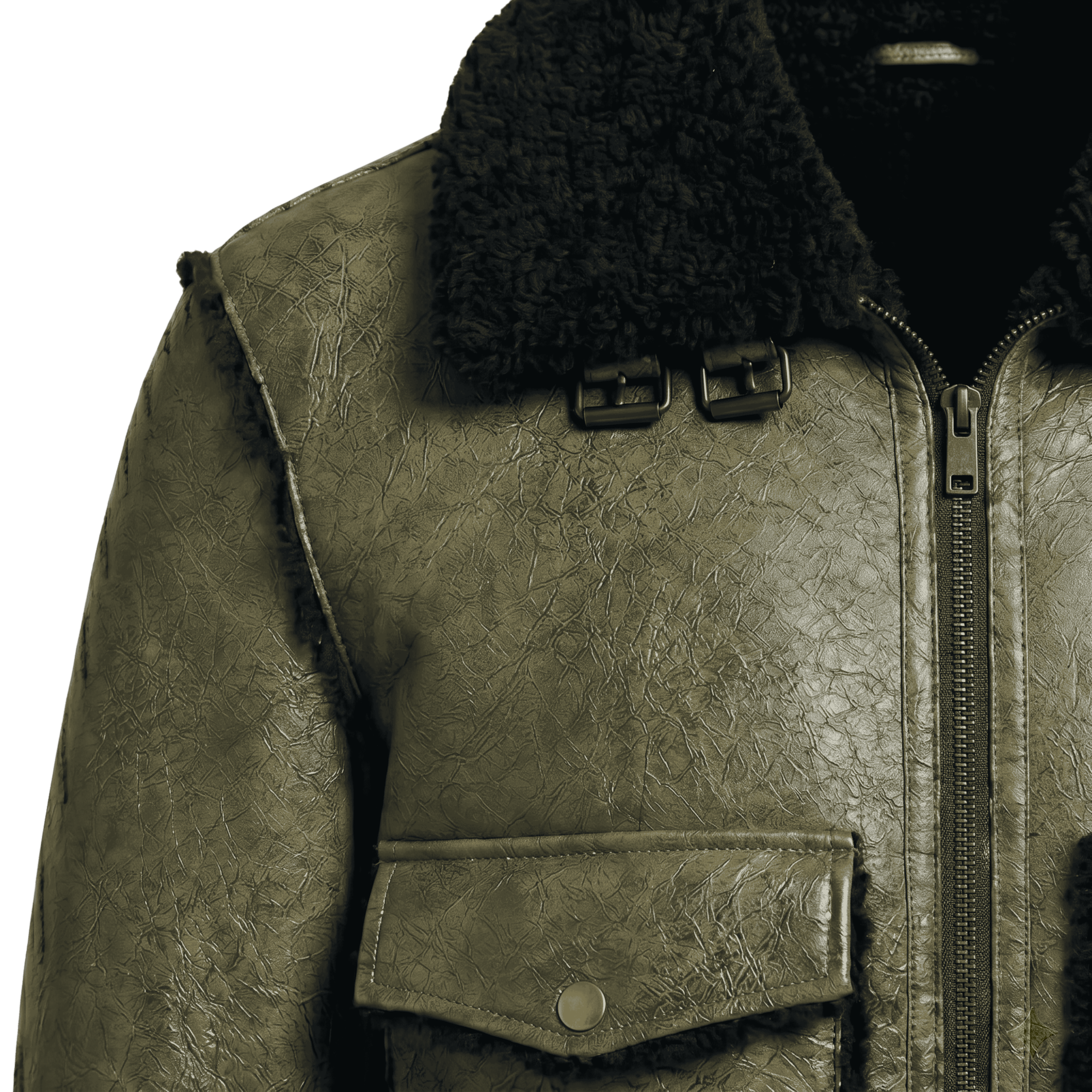 Men's B3 Flight Black Fur Olive Green Shearling Jacket (Front)