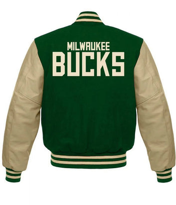 Men Milwaukee Bucks Letterman Beige and Green Jacket - NBA
