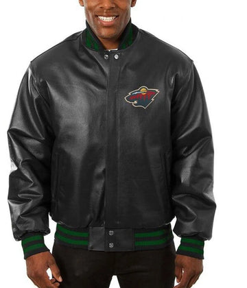 Men Minnesota Wild Black Leather Varsity Jacket - NHL