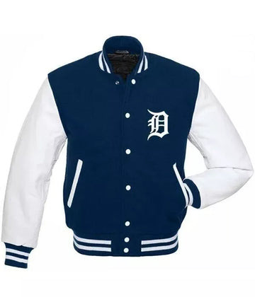 Men Letterman Detroit Tigers Blue and White Varsity Jacket with Leather sleeves - MLB