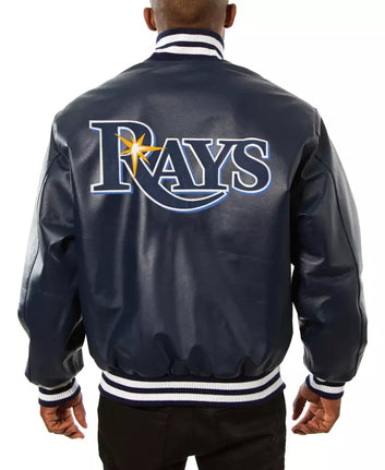 Men Letterman Tampa Bay Rays Letterman Navy Blue Leather Jacket - MLB