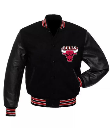 Men Chicago Bulls Black Varsity Jacket With Genuine Leather Sleeves - NBA