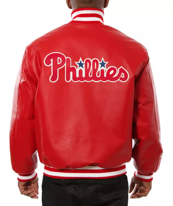 Men Philadelphia Phillies Letterman Varsity Jacket Red Genuine Leather Jacket - MLB