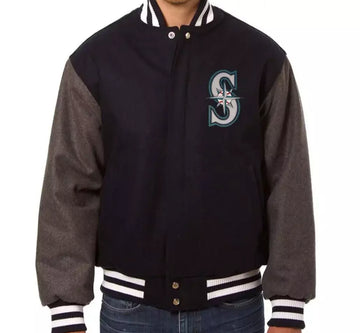 Men Letterman Seattle Mariners Two Tone Navy and Grey Wool Varsity Jacket - MLB