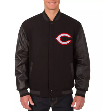 Men Cincinnati Reds Letterman Varsity Jacket Black Wool with Leather Sleeves MLB